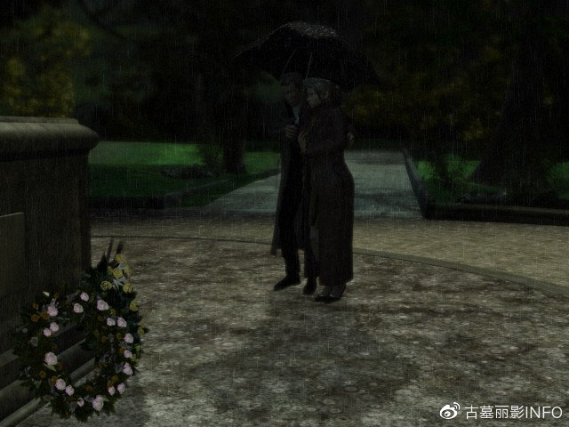 《古墓丽影:历代记》开场动画中,伞下的一对夫妻