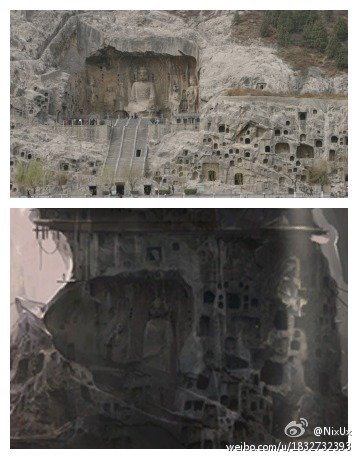 古墓丽影9的一张概念图(下图)灵感明显取自龙门石窟的奉先寺(上图)